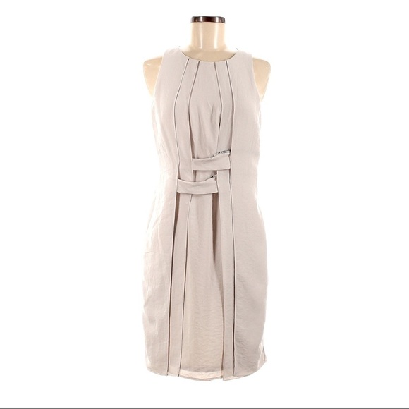 Sachin + Babi Dresses & Skirts - Sachin + Babi Beige Sheath Dress 6 Snake Print Leather Trim Crisscross Pleated